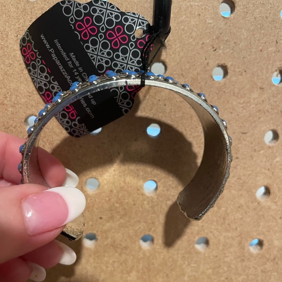 Silver strand cuff with tiny matte blue bead accents. - Picture 3 of 4